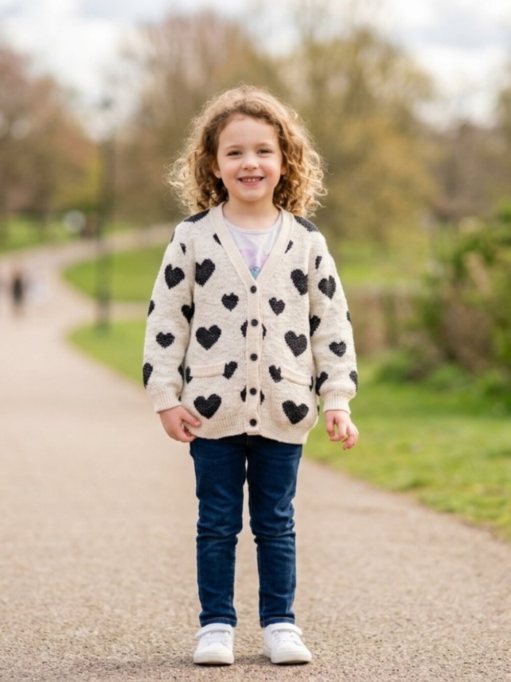 ZARA KNITWEAR Buttoned Cardigan Girls Collection Cream/Woven Black Hearts 5-6